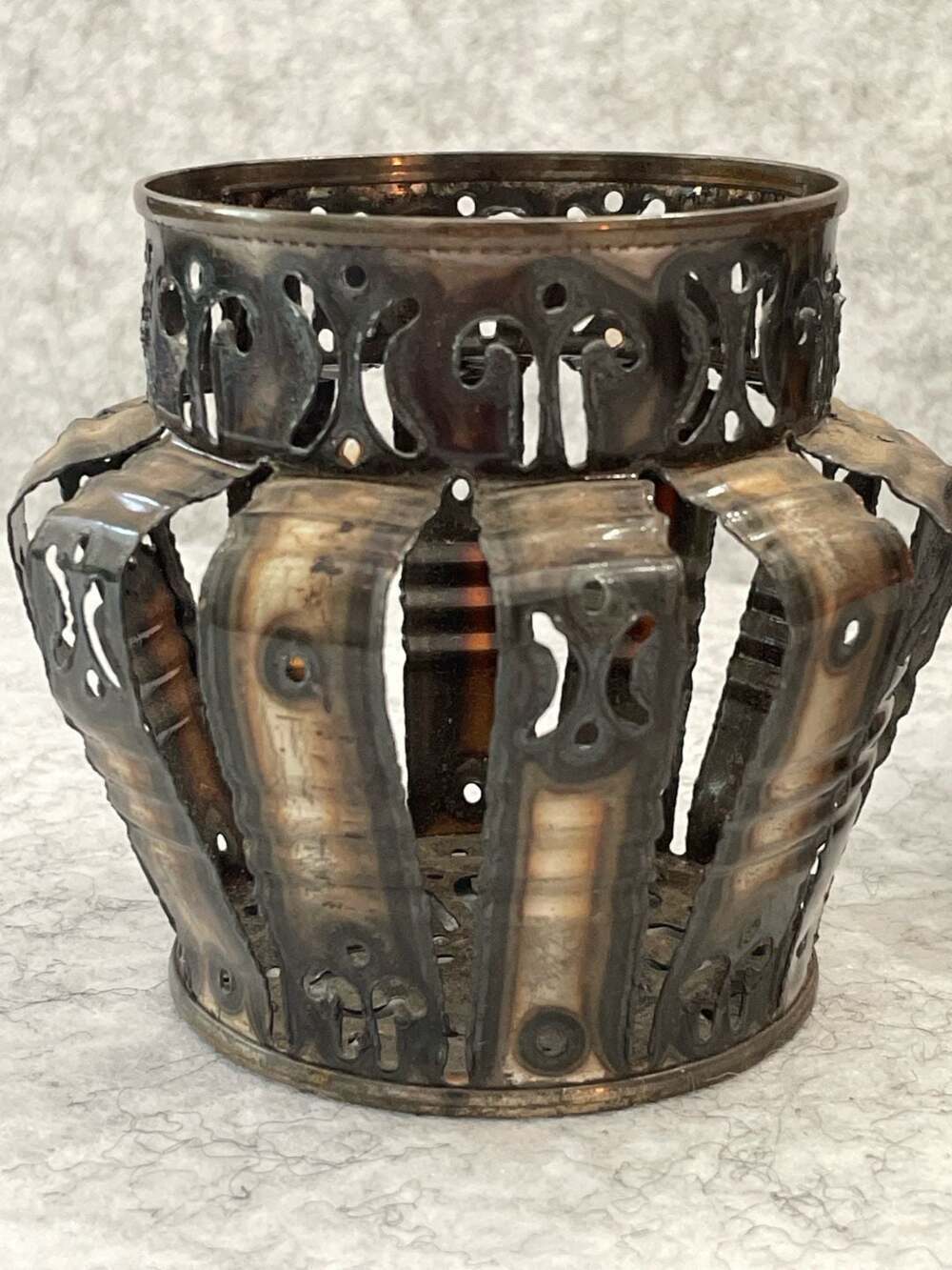BOHO Vintage Upcycled Tin Can Filigree Folk Art Candle Holders, Pair - Picture 2 of 8